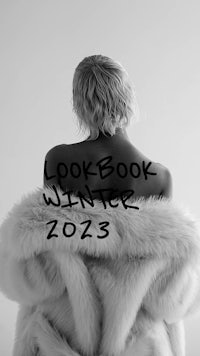 a black and white photo of a woman in a fur coat with the words lookbook winter 2012