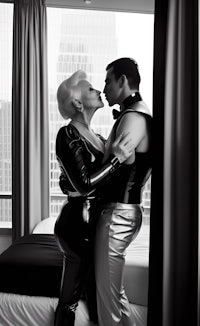 a man and woman dressed in latex kissing in front of a window